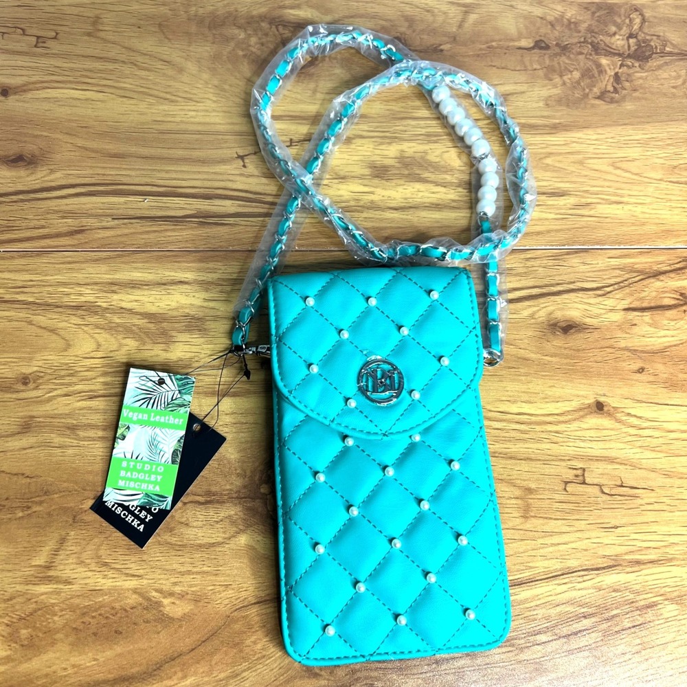 Studio Badgley Mischka Phone Crossbody‎ Diamond Quilting Studded Turquoise NWT